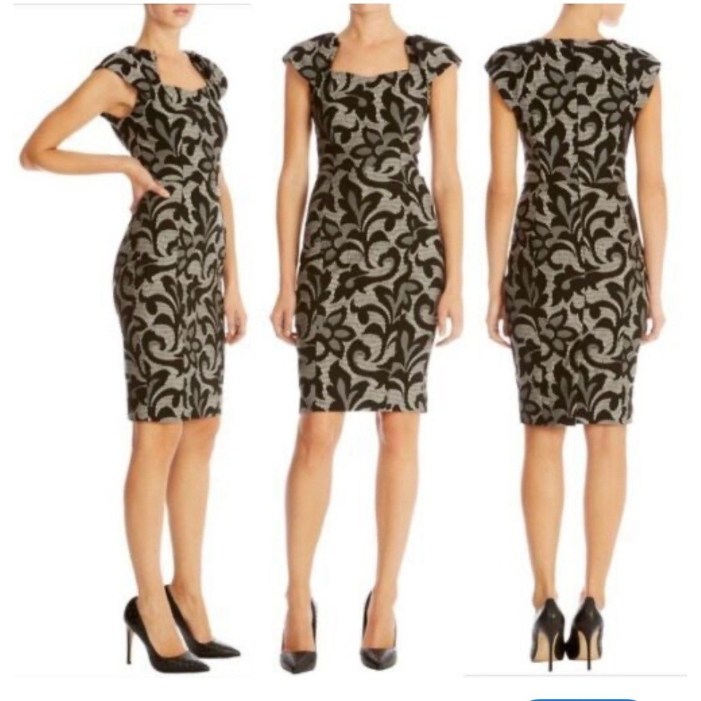 Karen Millen Dress Size 8 Shimmer Grey Black‎ Lace Effect Wiggle Wedding Guest